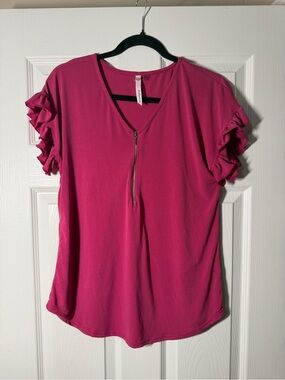 Collection B Fuchsia Zip V-Neck Top with Ruffle Sleeves